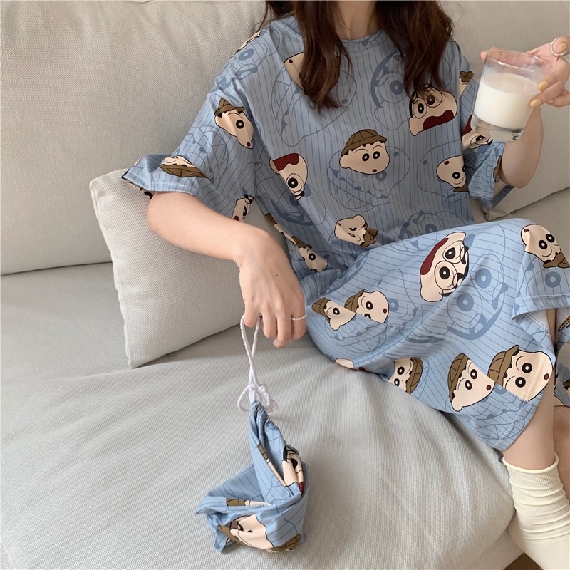 Đầm ngủ Lff0808 tay lỡ form rộng in hoạt hình dễ thương phong cách Hàn Quốc thời trang xuân thu cho nữ