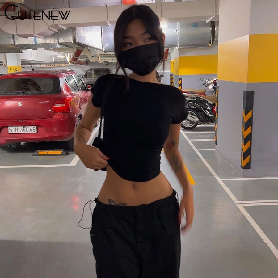 Klalien Áo Thun Croptop Tay Ngắn Hở Lưng Dáng Ôm Phong Cách Retro Mỹ Thời Trang Mùa Hè Quyến Rũ Cho Nữ