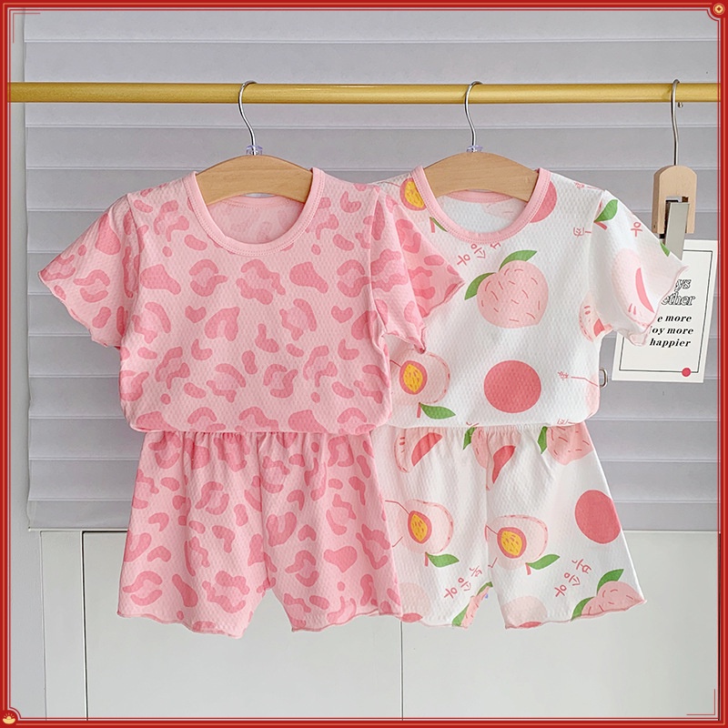Bé Gái Mùa Hè Phong Cách Mới Ice Silk Quần Áo Trẻ Em 80-140CM Bộ Đồ Ngủ Hai Mảnh Homewear Nhỏ Vừa Trẻ Em Bé Gái Tay Ngắn 3EYT
