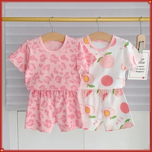 Bé Gái Mùa Hè Phong Cách Mới Ice Silk Quần Áo Trẻ Em 80-140CM Bộ Đồ Ngủ Hai Mảnh Homewear Nhỏ Vừa Trẻ Em Bé Gái Tay Ngắn 3EYT