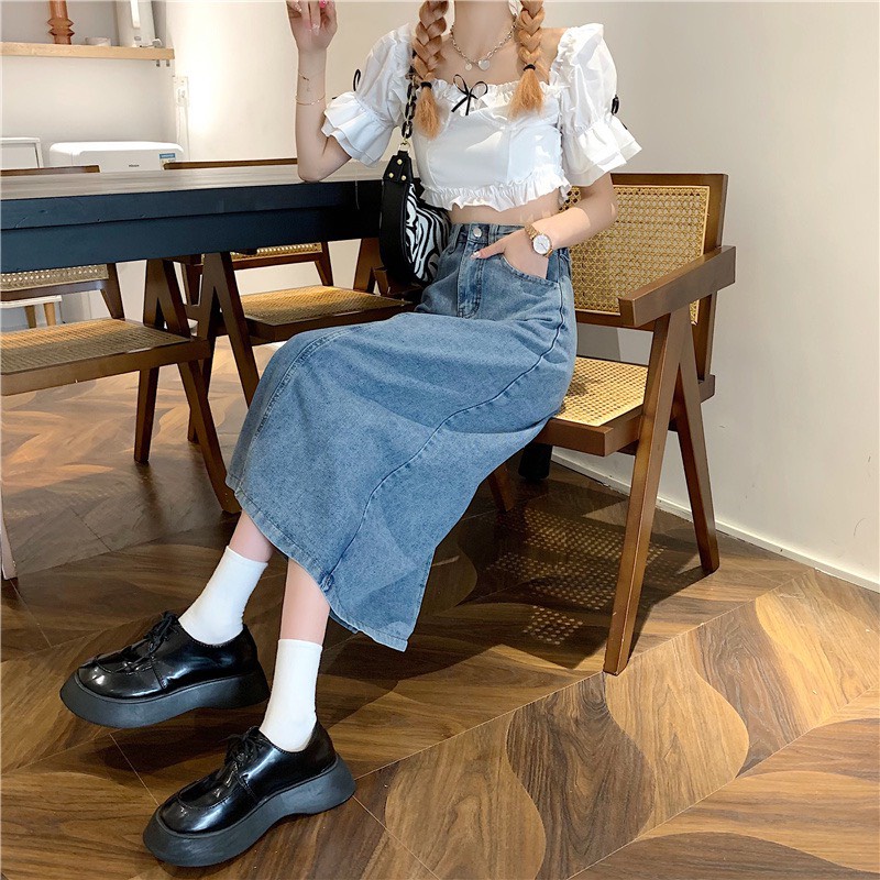 Chân Váy jean Dài Cạp Cao Dáng Suông Dài Thanh Lịch BigSize 55-90kg Rẻ Đẹp Xẻ Sau Phom chữ A 4535