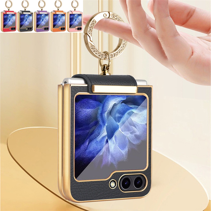 Bao da mạ sang trọng với vòng & dây đeo tay bản lề máy ảnh vỏ bảo vệ màn hình cho samsung galaxy z flip 5 z flip 4 z flip 3 vỏ điện thoại chống sốc