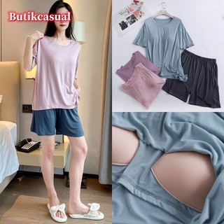 Áo Thun Nữ Quần Short Bộ Đồ Ngủ Bộ Ngực Miếng Lót Áo Sơ Mi Modal Quần Bộ 2025 Mùa Hè Trơn Rời Bộ Đồ Ngủ 2 Chiếc Phù Hợp Với