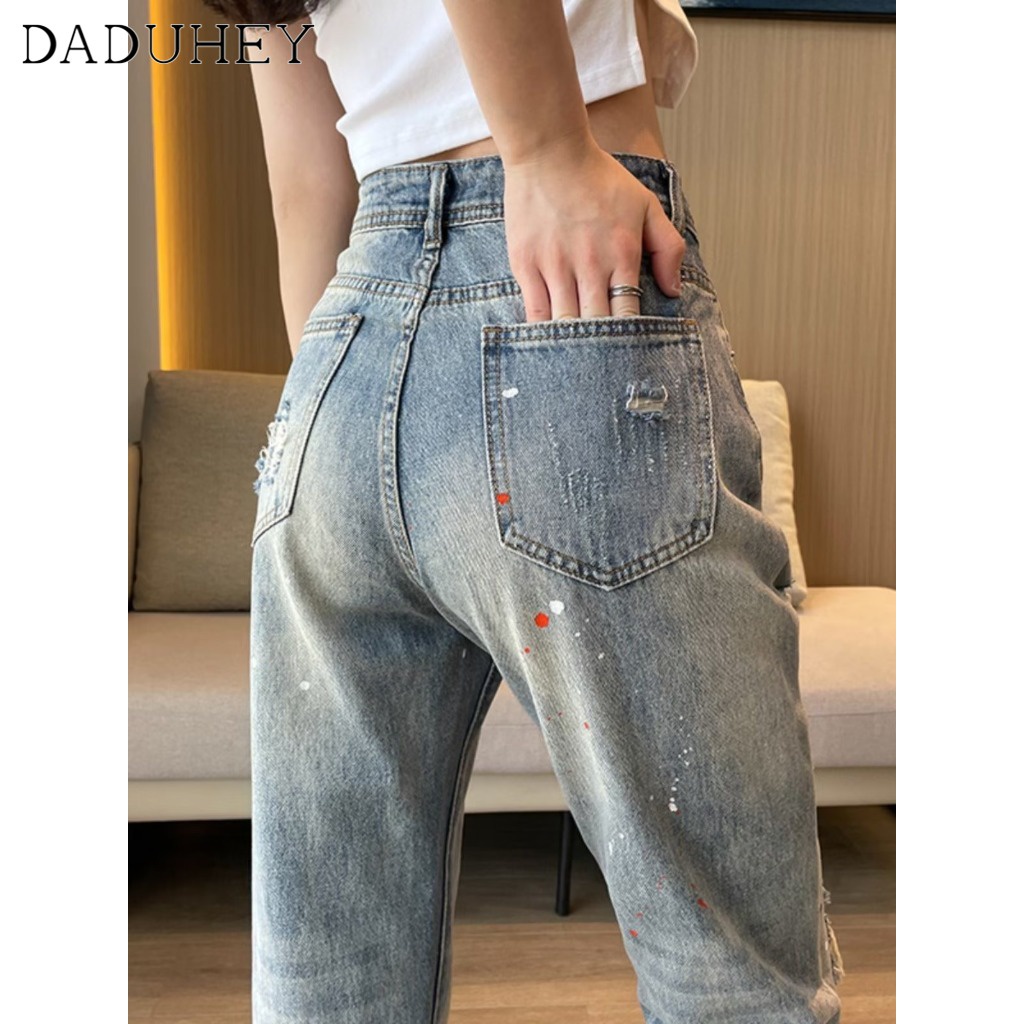 Ảnh Quần jean rách DADUHEY size lớn ống rộng dáng dài thoải mái cạp cao retro thời trang mới kiểu Mỹ cho nữ 4