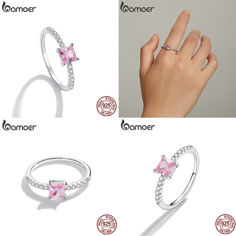 Bamoer Bạc 925 Nhẫn Zircon Hồng Trang Sức Thời Trang Cho Nữ Quà Tặng Sinh Nhật