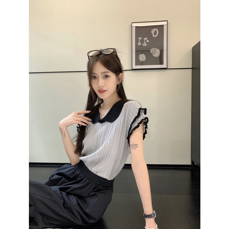 Suxi Tất Cả Trận Đấu Rời Tay Ngắn Đan Nữ Mùa Hè Vintage Mỏng Top