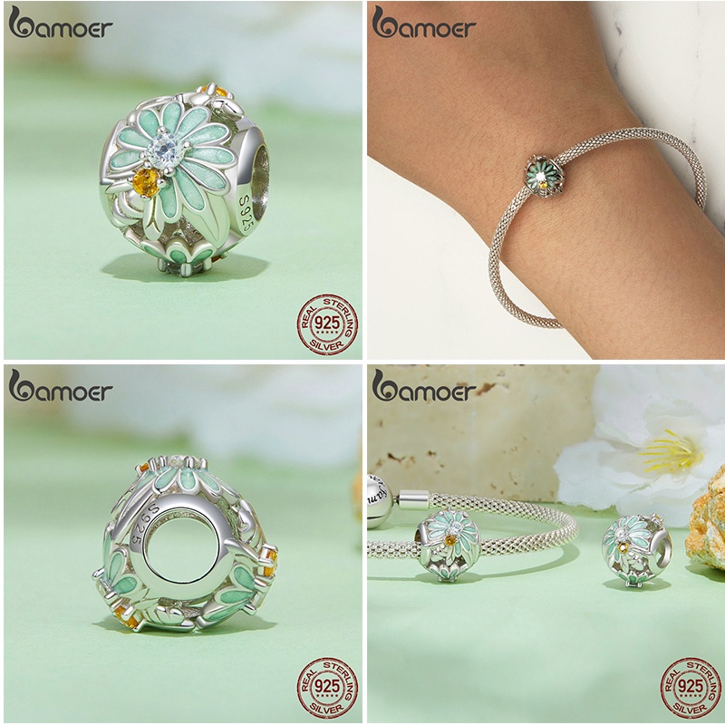 Hạt charm BAMOER bạc 925 hình cỏ bốn lá dùng làm đồ trang sức