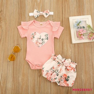 Bộ quần áo mùa hè MGG-Baby Girl, Áo liền quần dệt kim sườn ngắn tay Ruffle + Quần Short hoa + Bộ băng đô