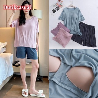 Áo Thun Nữ Quần Short Bộ Đồ Ngủ Bộ Ngực Miếng Lót Áo Sơ Mi Modal Quần Bộ 2025 Mùa Hè Trơn Rời Bộ Đồ Ngủ 2 Chiếc Phù Hợp Với