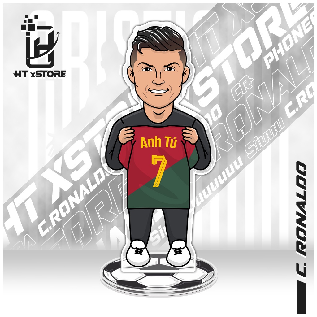 Mô hình standee in hình cầu thủ Cristiano Ronaldo CR7 cầm áo bóng đá in tên và số áo theo yêu cầu khách hàng