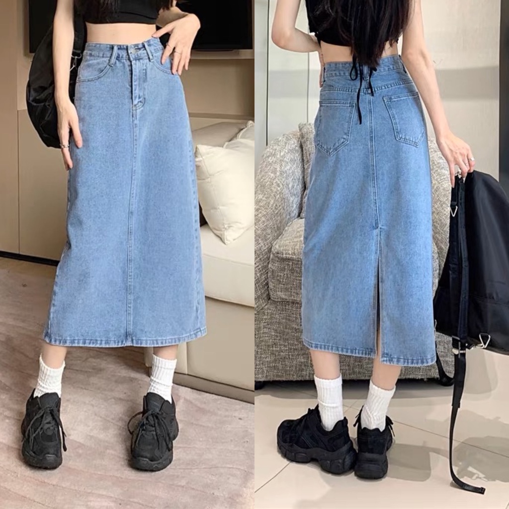Chân Váy jean Dài Cạp Cao Dáng Suông Dài Thanh Lịch BigSize 55-90kg Rẻ Đẹp Xẻ Sau Phom chữ A 4535