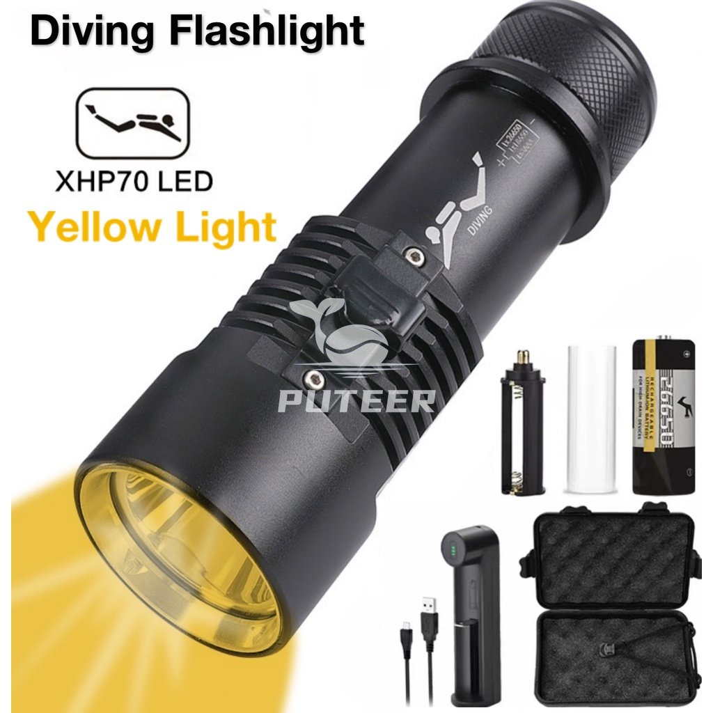 Đèn pin lặn XHP70 5000 lumens, chống nước IP68, có nam châm và ánh sáng đa màu