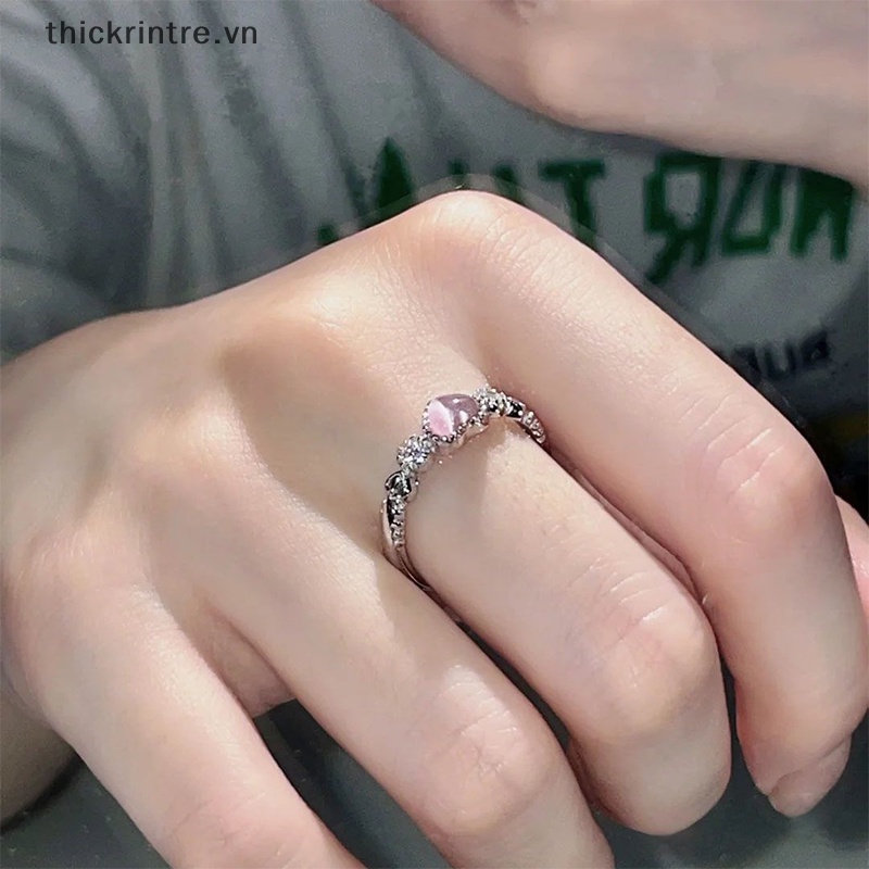 Nhẫn Bạc Đính Đá Opal Hình Trái Tim Màu Hồng Phong Cách Punk Dễ Thương Cho Nữ