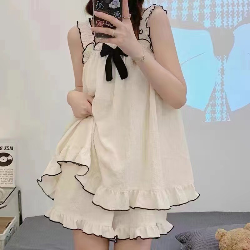 Bộ Đồ Ngủ Ngắn Tay Cổ Tròn Họa Tiết Hoa Phong Cách Hàn Quốc Cho Nữ Mã Lff0710