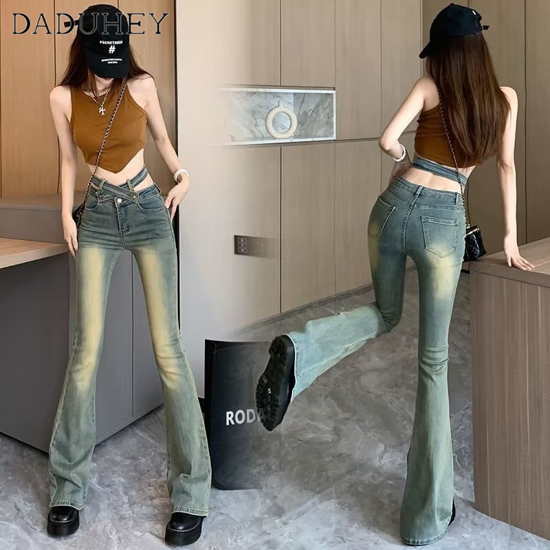 Ảnh Quần jean dài DADUHEY size lớn ống loe nhẹ cạp cao thời trang retro đường phố cao cấp kiểu Mỹ 2