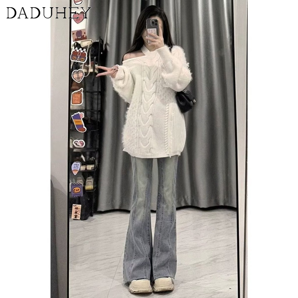 Ảnh Quần jean dài DADUHEY ống rộng cạp cao loe nhẹ ghép nối thời trang retro đường phố cao cấp kiểu Mỹ 3
