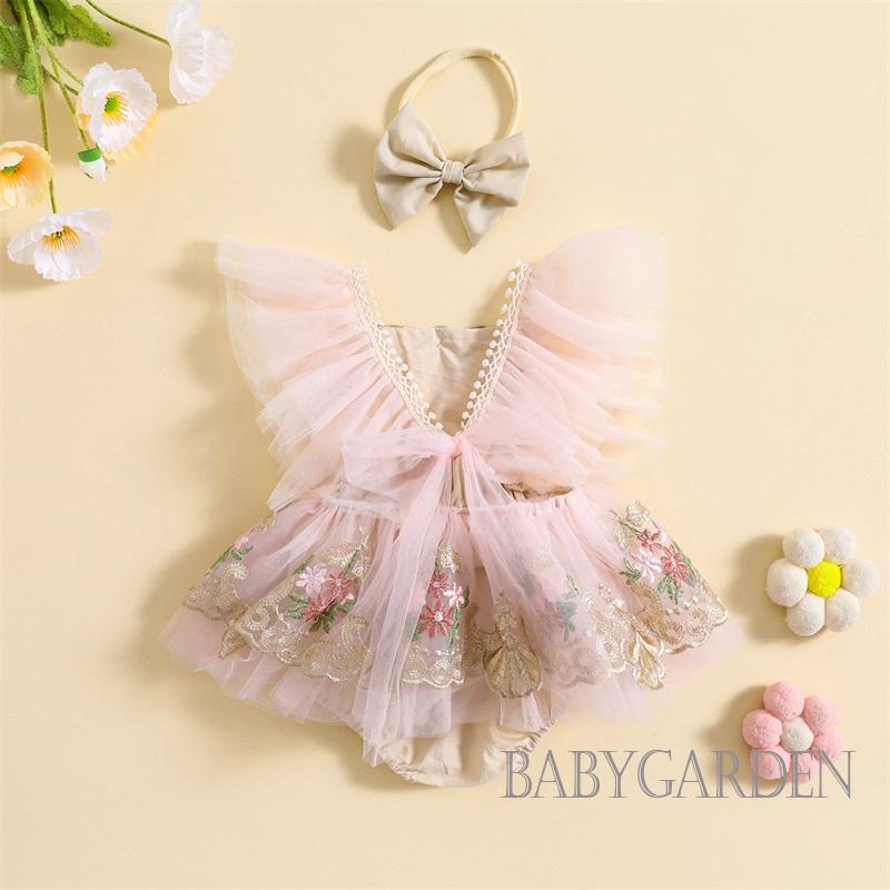 Baga-trẻ sơ sinh bé gái romper với băng đô thêu hoa fly tay áo quần áo mùa hè
