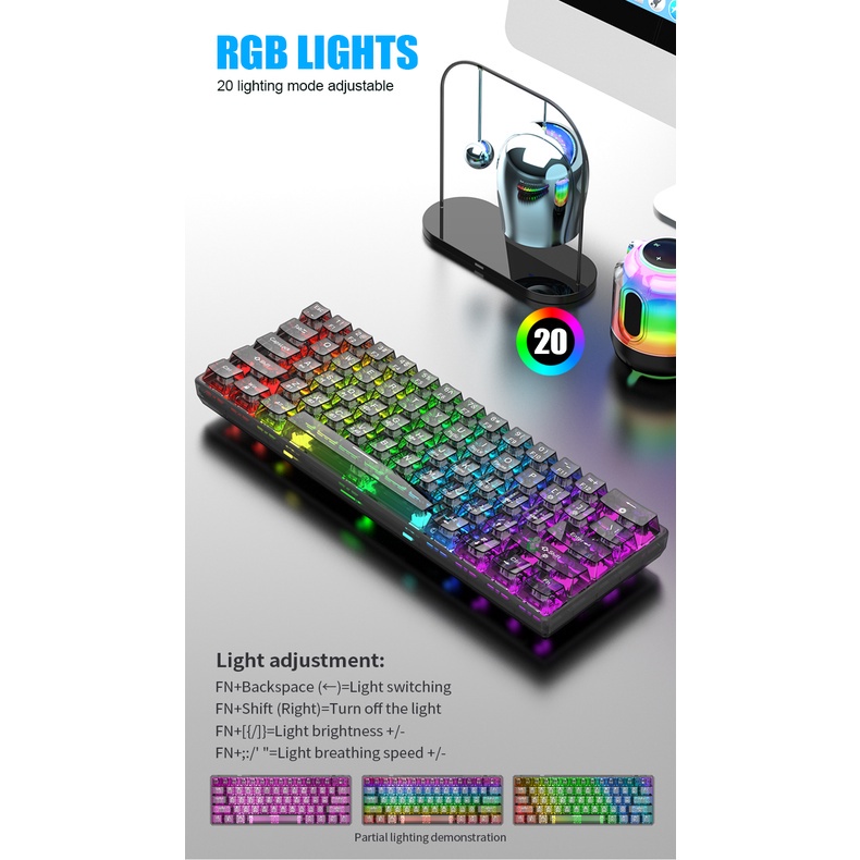 Bàn phím cơ RGP LED trong suốt, ba chế độ, TYPE C Bluetooth và 2.4G ...