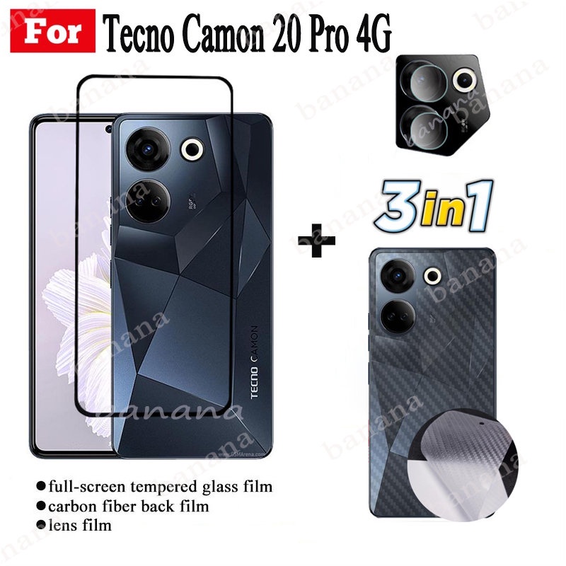 3 trong 1 Tecno Camon 20 Pro Kính Cường Lực Full Cover Phim Cho Tecno Camon 20 Premier 19 Pro 5G Spark 10 Pro 10C Pova 4 3 Neo Ống Kính Máy Ảnh Kính Bảo Vệ Màn Hình