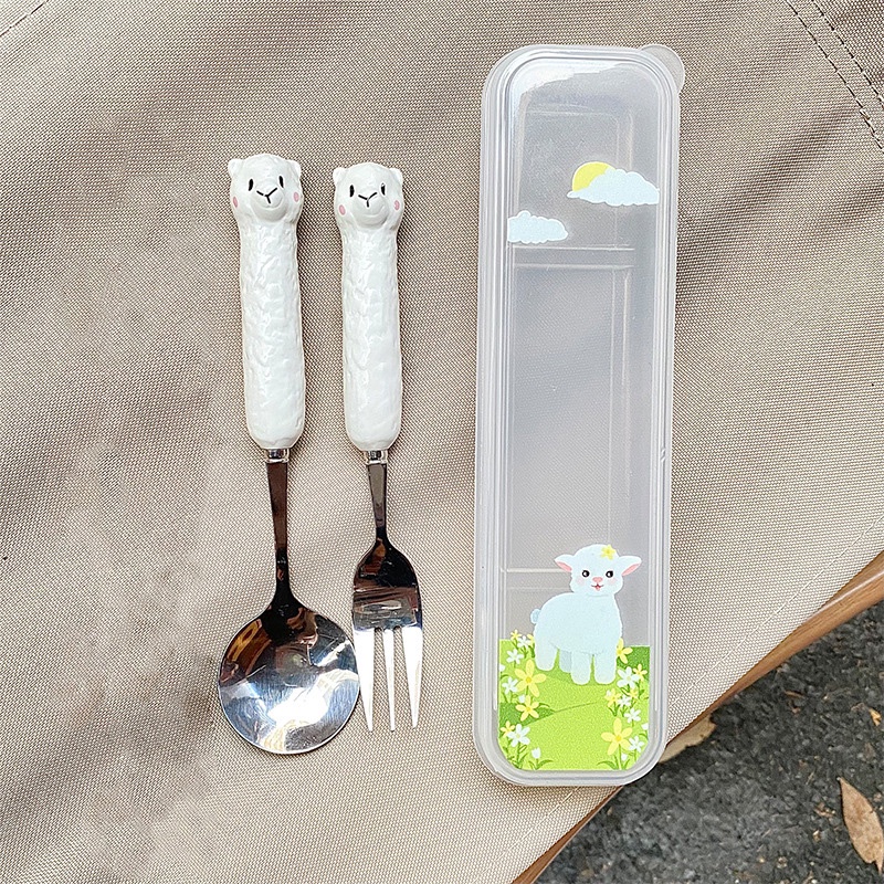 Bộ Muỗng Đũa Nĩa Inox Hình Alpaca Cute Có Hộp – Đồ Ăn Cá Nhân Mang Đi