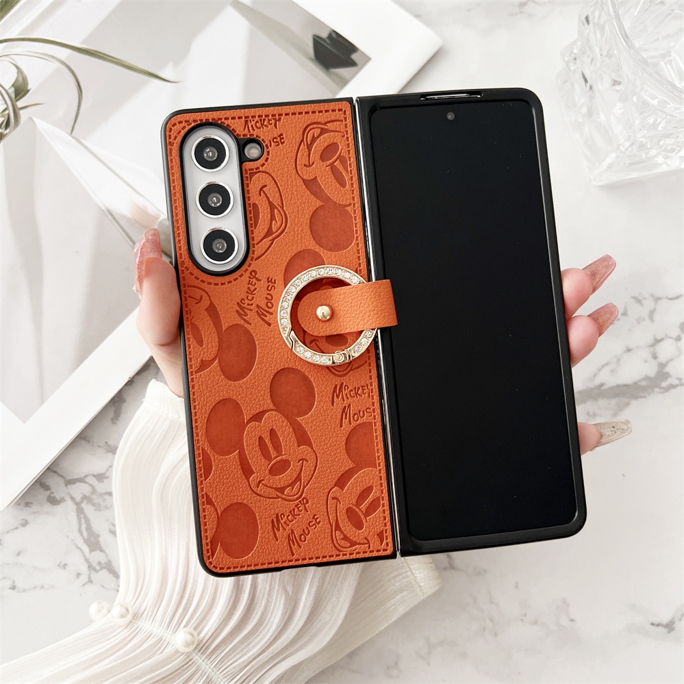 Dành Cho Samsung Galaxy Z Fold 7 6 5 4 3 2 Da PU Cổ Điển Hình Chuột Mickey Đơn Giản Chống Sốc Ốp lưng Cho Z Fold7 Có Dây Buộc Vòng Ngón Tay Gấp Ốp lưng