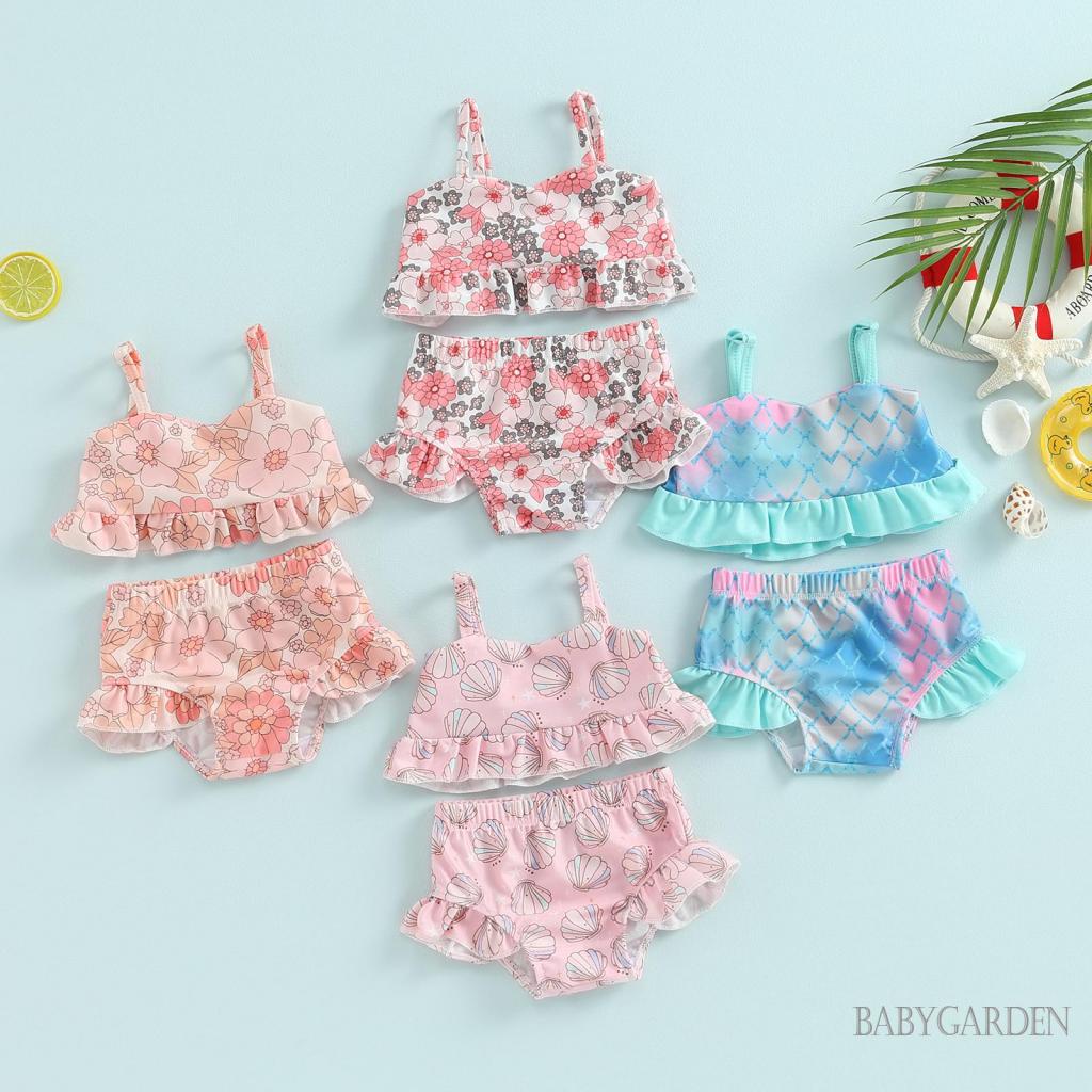 Bộ Đồ Bơi Hai Mảnh Không Tay + Quần Ngắn Nhún Bèo Thời Trang Đi Biển Cho Bé Gái 6 Tháng Tuổi