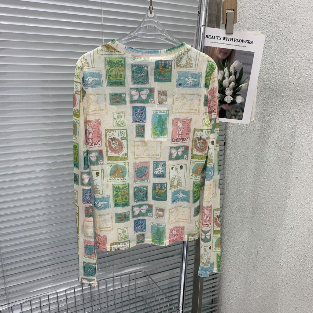 Milyfashion Stamp Print Phiên bản Hàn Quốc gạc T Kem chống nắng dài tay hàng đầu được xếp lớp hợp thời trang