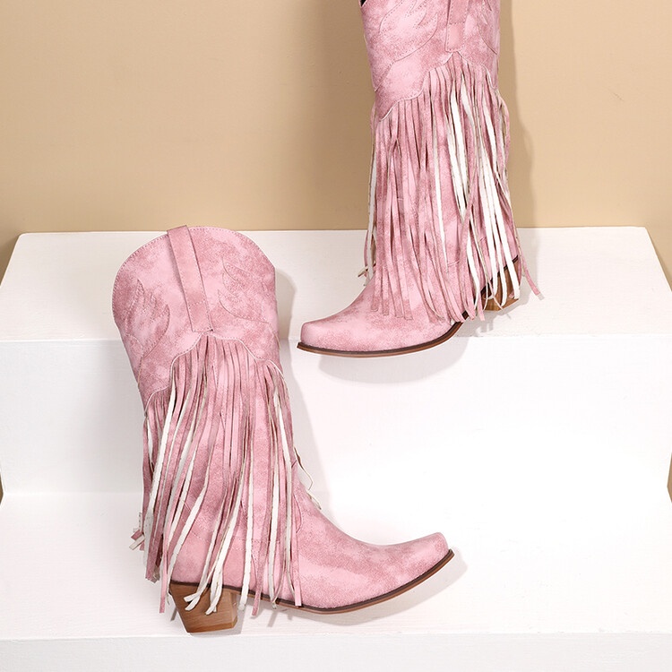 Giày Bốt Cao Bồi Cổ Cao Tới Gối Phối Tua Rua Kiểu Âu Mỹ Thời Trang 2023 Size 34-43 Cho Nữ