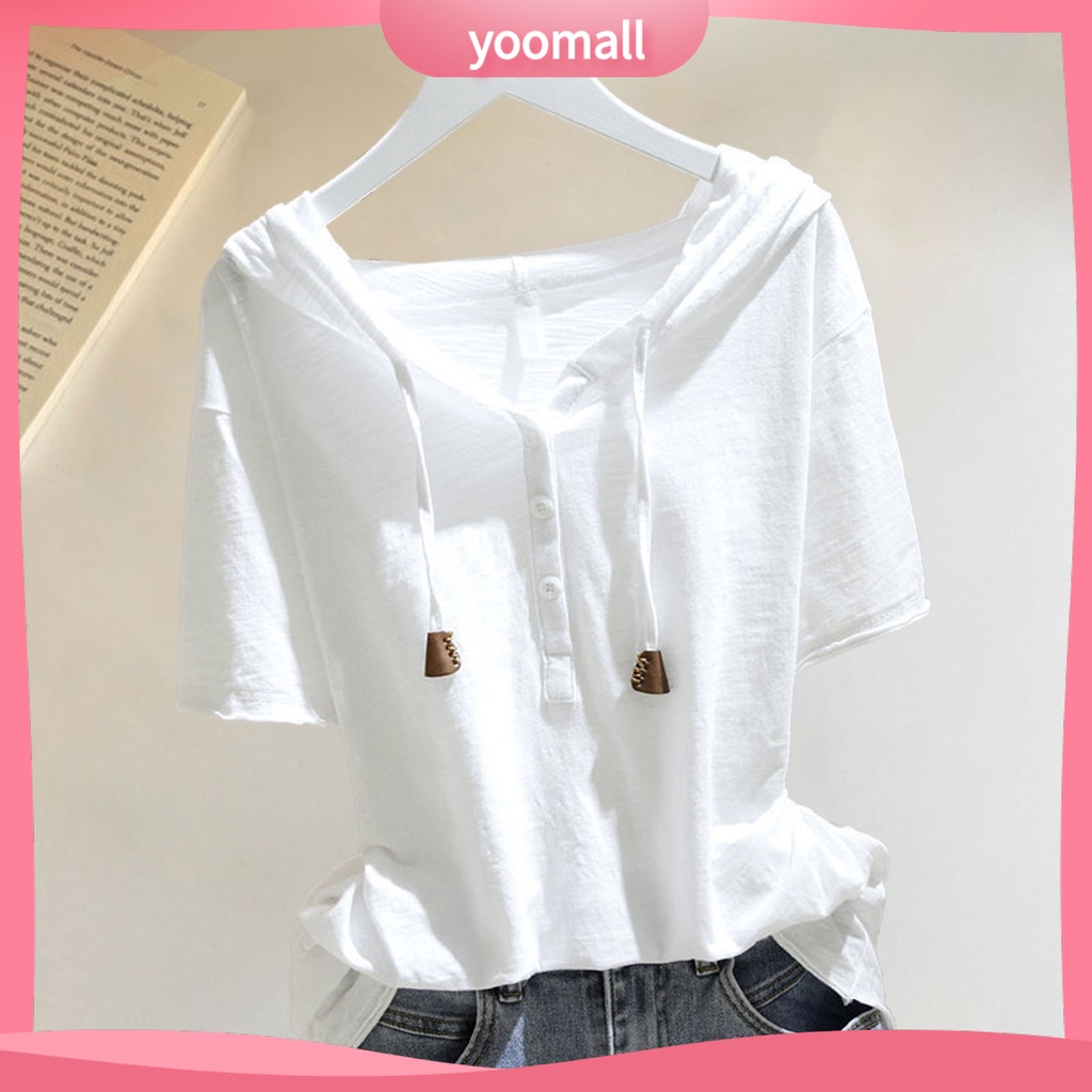 [Ym] Áo Hoodie nữ tay ngắn có mũ trùm đầu Dây rút màu trơn dáng rộng mềm mại Áo chui đầu thoáng khí Ladt mùa hè