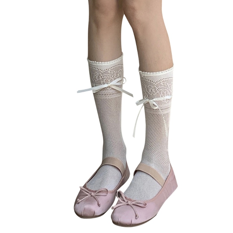 King summer hollow-out lace calf socks sweet bowknot student girl stockings for women