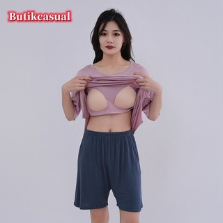 Áo Thun Nữ Quần Short Bộ Đồ Ngủ Bộ Ngực Miếng Lót Áo Sơ Mi Modal Quần Bộ 2025 Mùa Hè Trơn Rời Bộ Đồ Ngủ 2 Chiếc Phù Hợp Với
