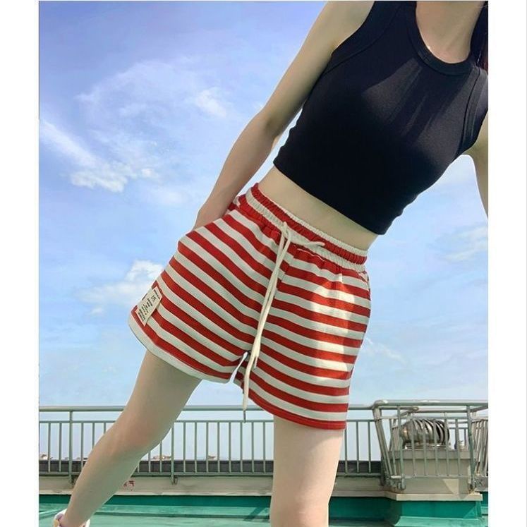 Quần Short Sọc Nữ Mùa Hè Mới Co Giãn Eo Rời Chữ A Quần ngắn ống rộng