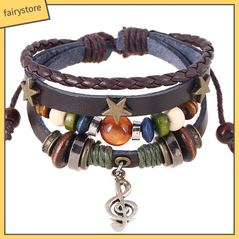 Vòng Tay Da Bò Đính Hạt Hợp Kim Hình Nốt Nhạc Phong Cách retro