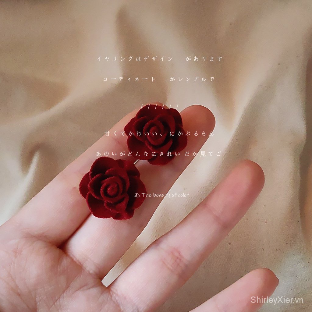 Vintage~Bông Tai Mạ Bạc 925 Hoa Hồng Pháp cổ điển Rượu đỏ tao nhã khí chất Phụ kiện nữ thanh lịch