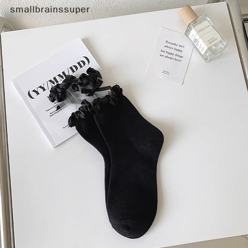 Smallbrainssuper 1 Đôi Tất Cotton Mỏng Phối Ren Đính Nơ Thời Trang Xuân Thu Thoáng Khí