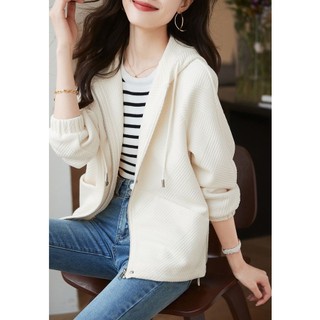 2023 spring new style textured all-match áo khoác ngắn có mũ trùm đầu phong cách thể thao thông thường áo khoác cardigan nữ mỏng hơn