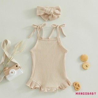 Mgg-infant Girls Romper Màu trơn dệt kim có gân buộc dây Spaghetti Dây đeo không tay Xù Bộ đồ liền thân cho bé có băng đô