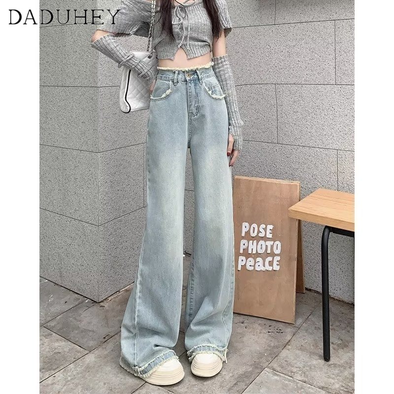 Ảnh Quần jean DADUHEY lưng cao ống rộng viền thô màu xanh dương nhạt size lớn phong cách Hàn Quốc mới dành cho nữ 2