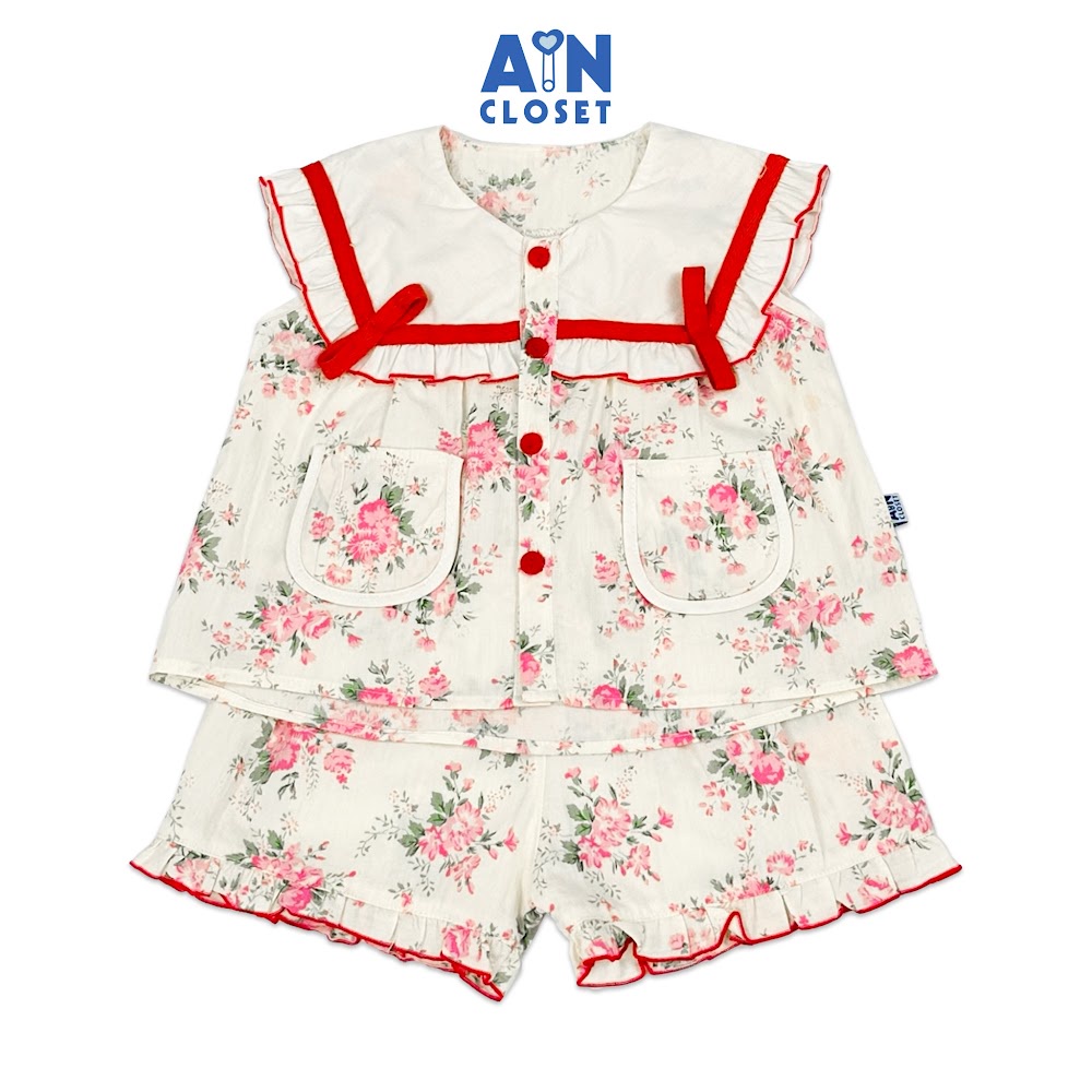 Bộ quần áo Ngắn bé gái họa tiết hoa Hồng Son cotton - AICDBGLQIPIE - AIN Closet