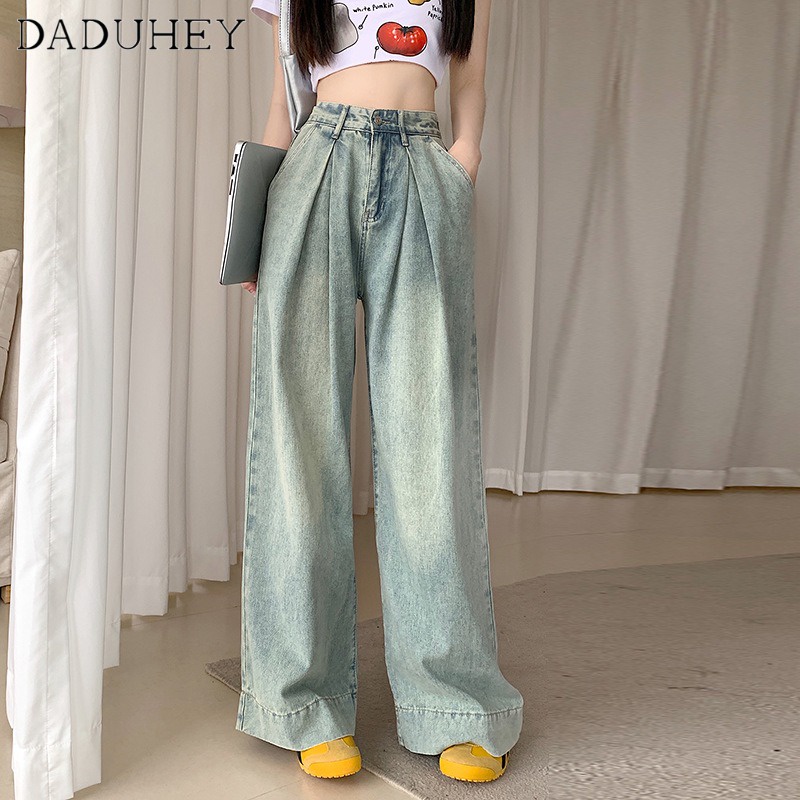 Ảnh Quần jean dài DADUHEY size lớn ống rộng cạp cao mỏng thời trang retro đường phố cao cấp kiểu Mỹ 2