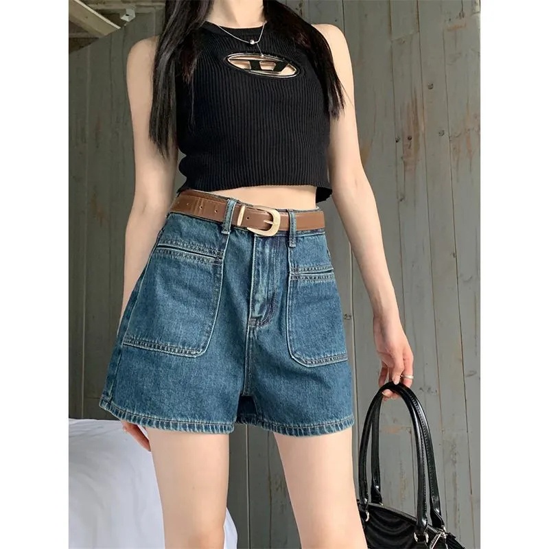 SUXI Quần Short Denim Lưng Cao Ống Rộng Phong Cách Hàn Quốc Thời Trang Mùa Hè Cho Nữ