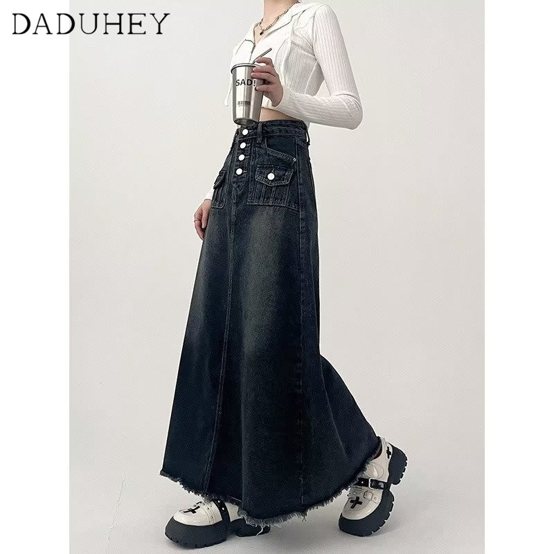 Ảnh DaDuHey New American Ins High Street Retro Washed Denim Skirt Niche High Waist A- line Skirt Bag Hip Skirt 2
