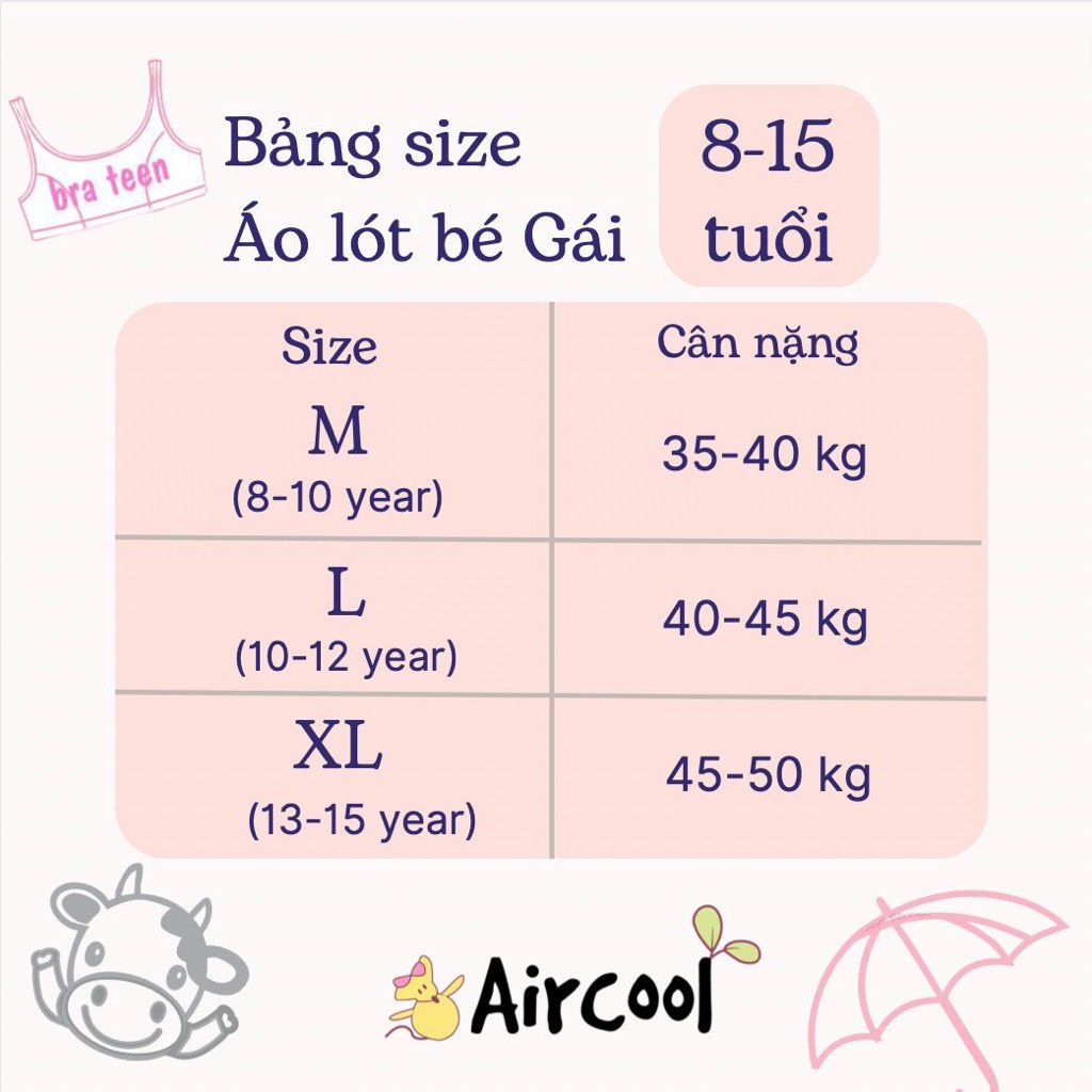 [Chính hãng, 35-50kg] Áo lá, bra, áo lót bé gái cotton, không gọng