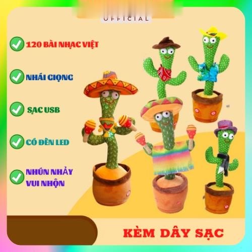 Cây xương rồng nhại giọng nói, nhún nhảy vui nhộn, phát 120 bài hát hot, có đèn Led, dây sạc USB