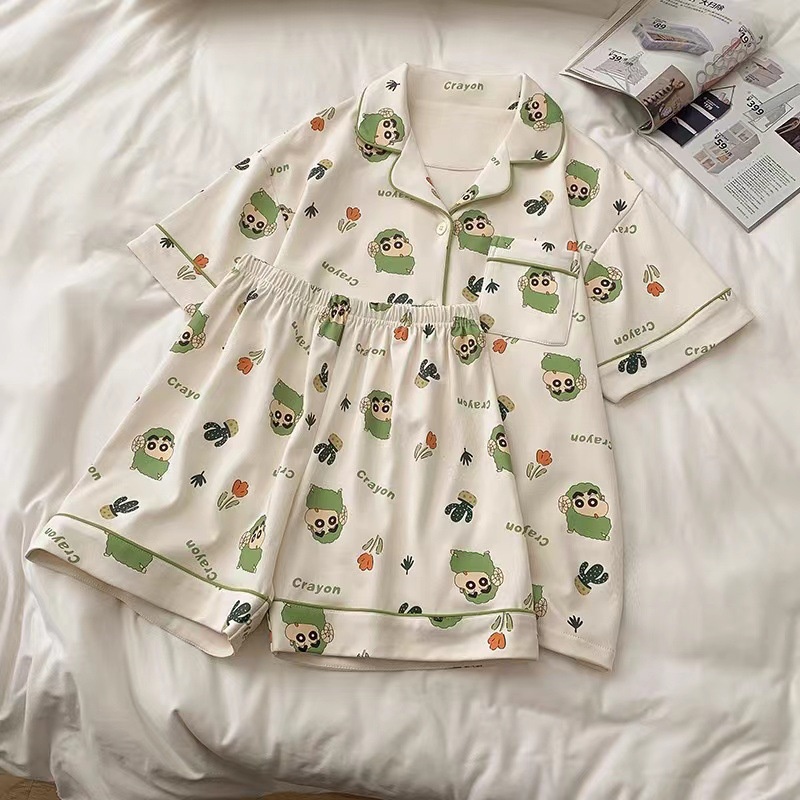 Váy Ngủ, Bộ Ngủ Nữ Mùa Hè , Quần áo Mặc Nhà Nữ Cute Ngắn Tay Cardigan Hai Mảnh Lưới Sinh Viên