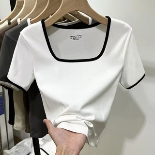 Áo Thun Nữ Ngắn Tay Cổ Chữ U Sọc Ngang Thời Trang Hàn