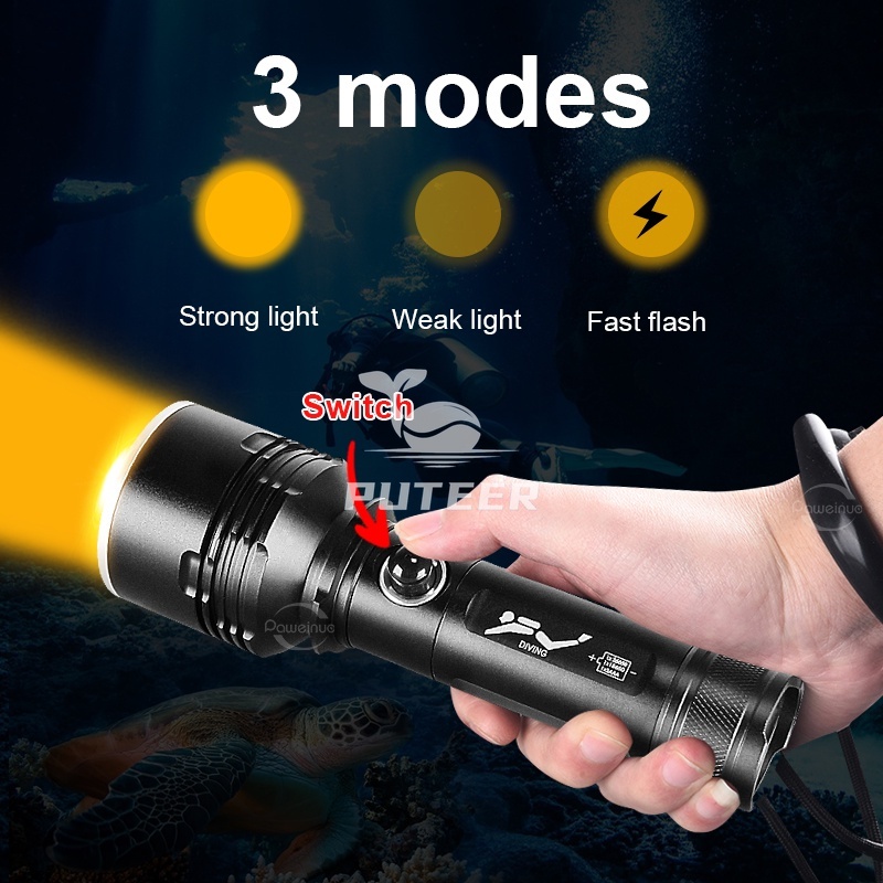 Đèn pin lặn siêu sáng 12000LM, ánh sáng vàng, sạc được, chống thấm nước IPX8, dùng cho lặn và câu cá dưới nước tới 100m