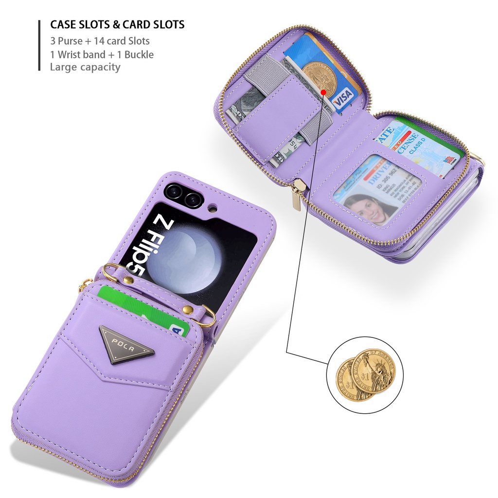 Ốp Điện Thoại Ví Đeo Ngang Galaxy Z Flip 6 5 4 3 Cho Samsung Flip6 Flip5 Flip4 5G Dây Kéo Khe Cắm Thẻ Ví Dây Đeo Da Bao Da