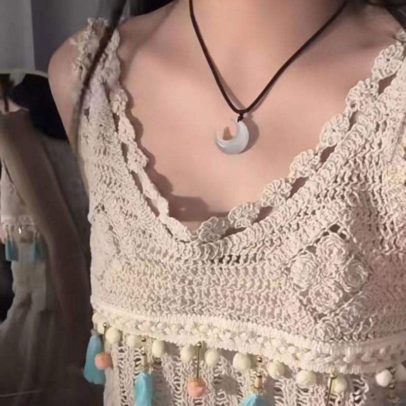 Coo Vòng Cổ choker Dây Đen Mặt Trăng Khuyết Đính Đá Pha Lê Có Thể Điều Chỉnh