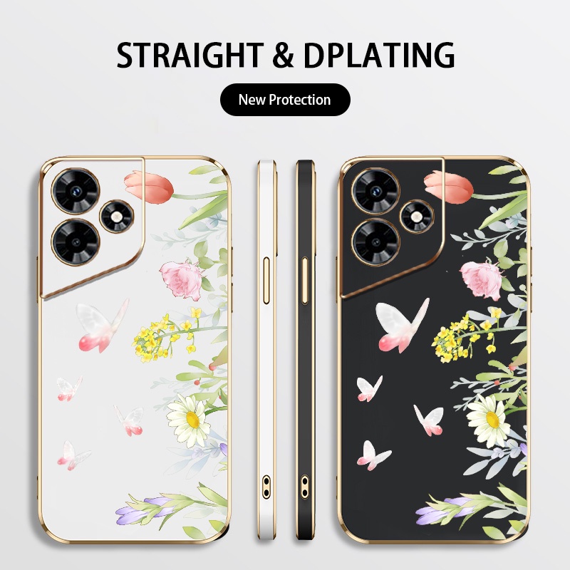 Ốp Điện Thoại Mạ Điện Sang Trọng Cho Infinix Smart 8 X6525 Hot 30 Play Hot 30i Tecno Spark Go 2024 Spark 20 POP 8 X6831 X669 Họa Tiết Hoa Bướm Phong Cách INS Có Dây Buộc